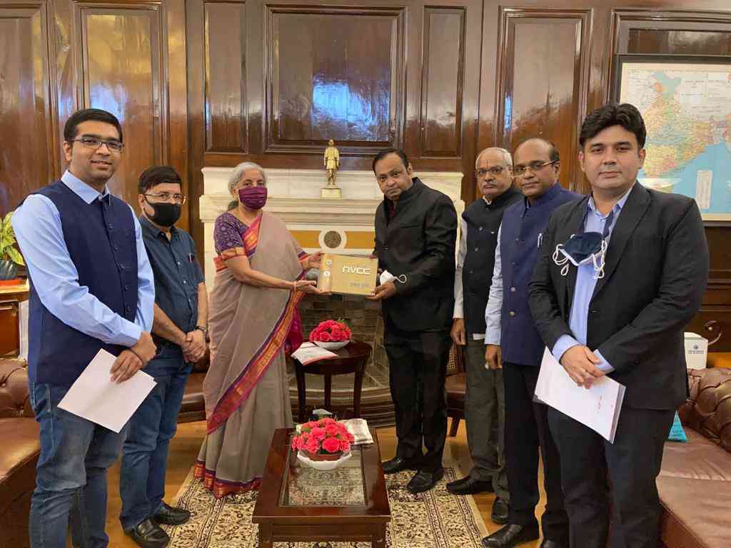 From left: CA Ritesh Mehta, Hemant Gandhi, Finance Minister Nirmala Sitharaman, Ashwin Mehadia, Ramavtar Totla, Sanjay K Agrawal and CA Sandeep Jotwani